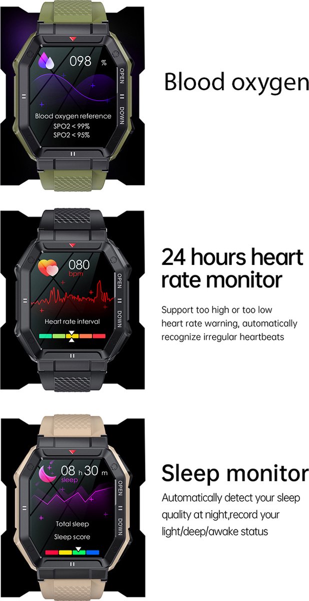 WizBay Premium Select 1.85inch Sport Smartwatch Alu Mat Zwart Case TPU Zwarte Band