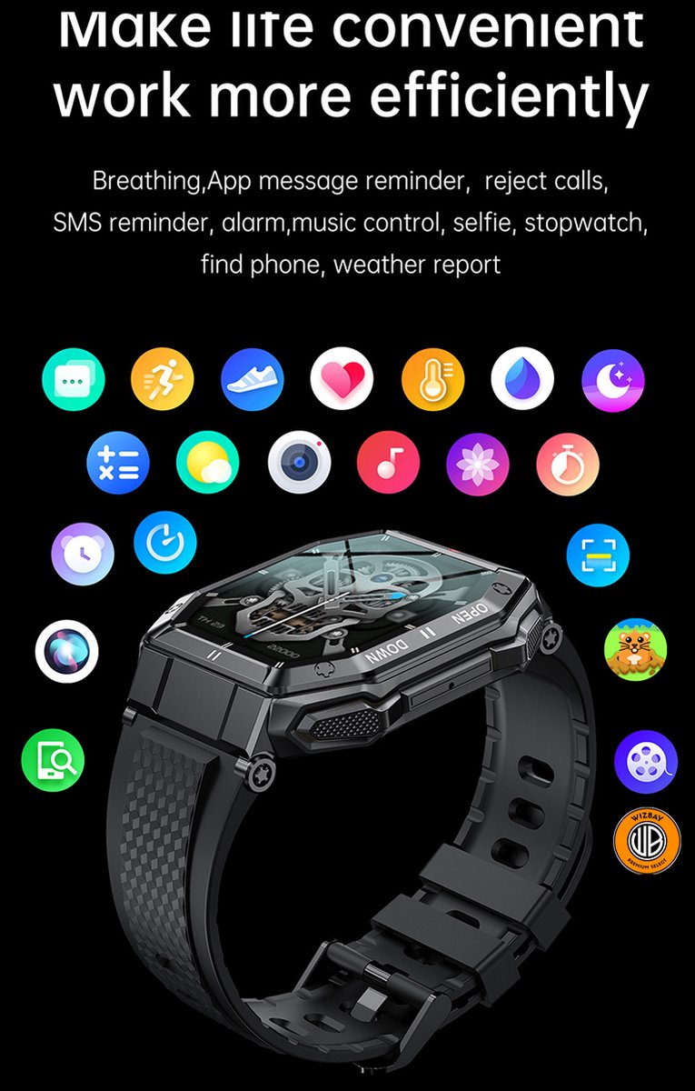 WizBay Premium Select 1.85inch Sport Smartwatch Alu Mat Zwart Case TPU Zwarte Band