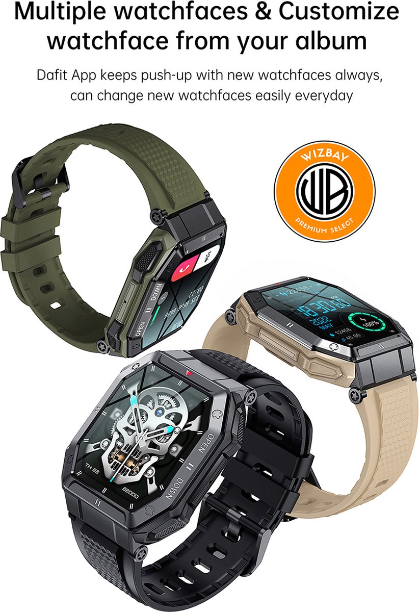 WizBay Premium Select 1.85inch Sport Smartwatch Alu Mat Zwart Case TPU Zwarte Band