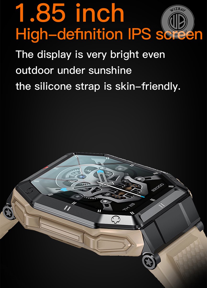 WizBay Premium Select 1.85inch Sport Smartwatch Alu Mat Zwart Case TPU Zwarte Band