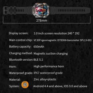 WizBay Premium Select 2.0 inch HD TFT Smartwatch Mat Grijs Zwart