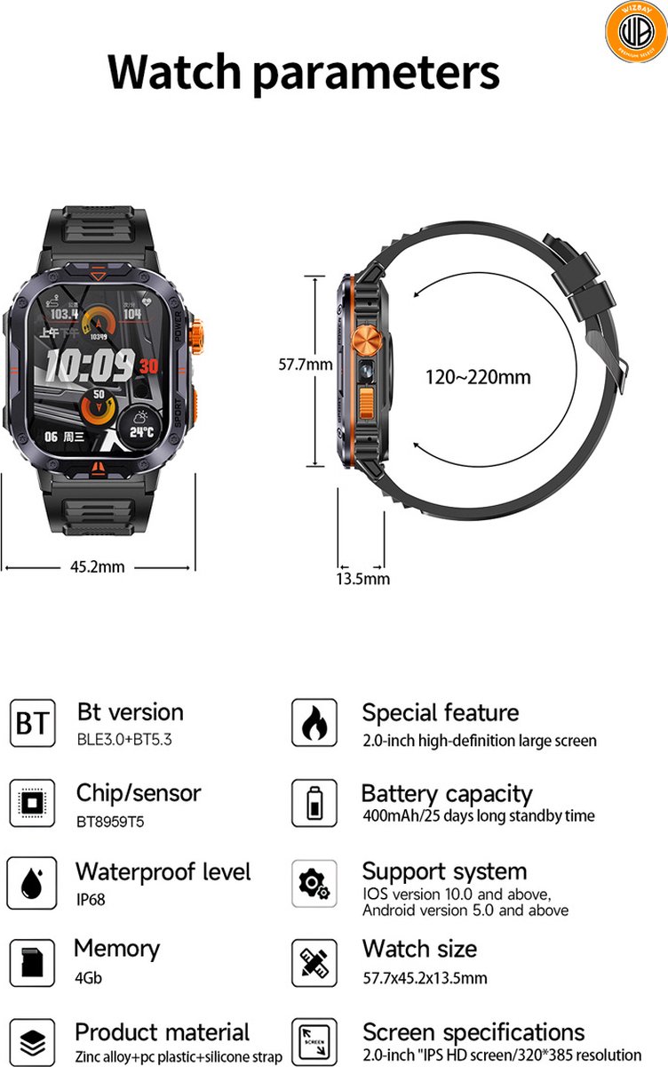 Wat vinden we goed aan de WizBay Premium Select 2.00 inch HD TFR Smartwatch Zwart Oranje