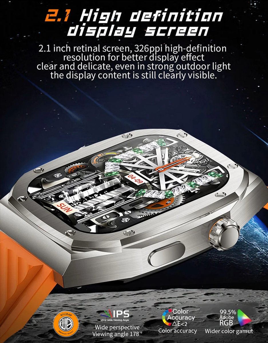 WizBay Premium Select 2.1 inch Smartwatch Zwart RVS Band