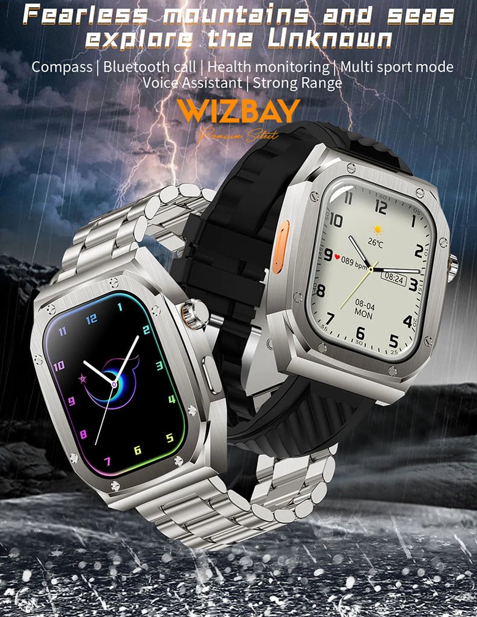 WizBay Premium Select 2.1 inch Smartwatch Zwart RVS Band