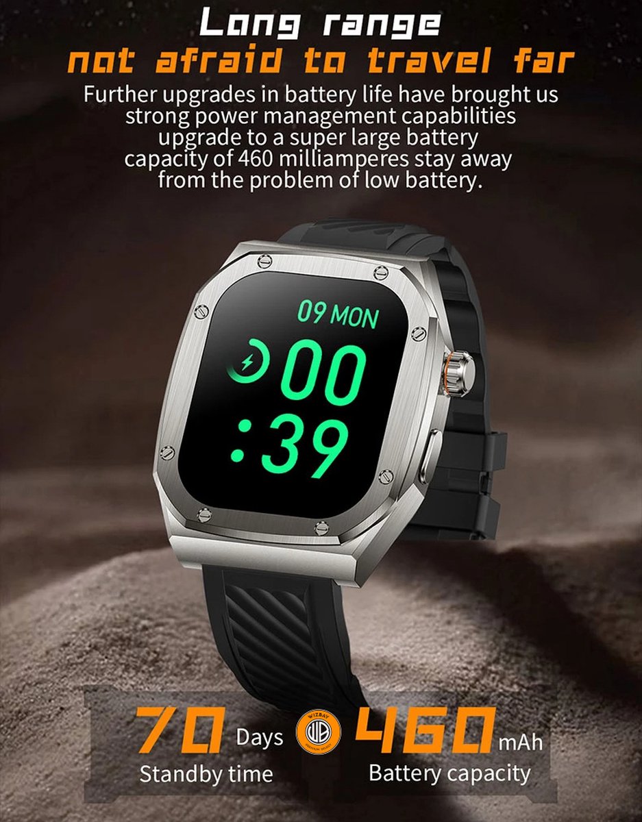 WizBay Premium Select 2.1 inch Smartwatch Zwart RVS Band
