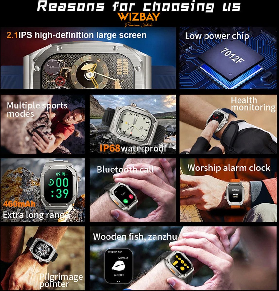 WizBay Premium Select 2.1 inch Smartwatch Zwart RVS Band