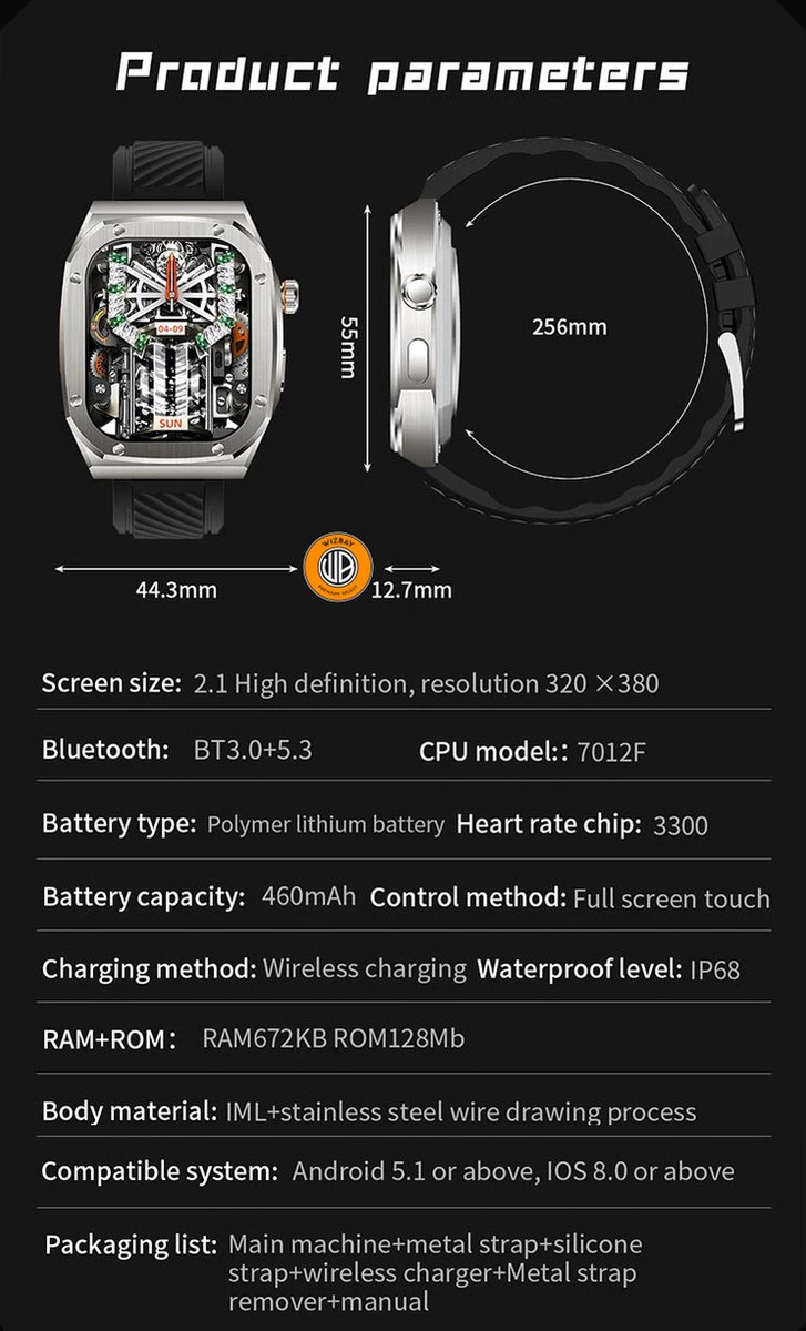 WizBay Premium Select 2.1 inch Smartwatch Zwart RVS Band
