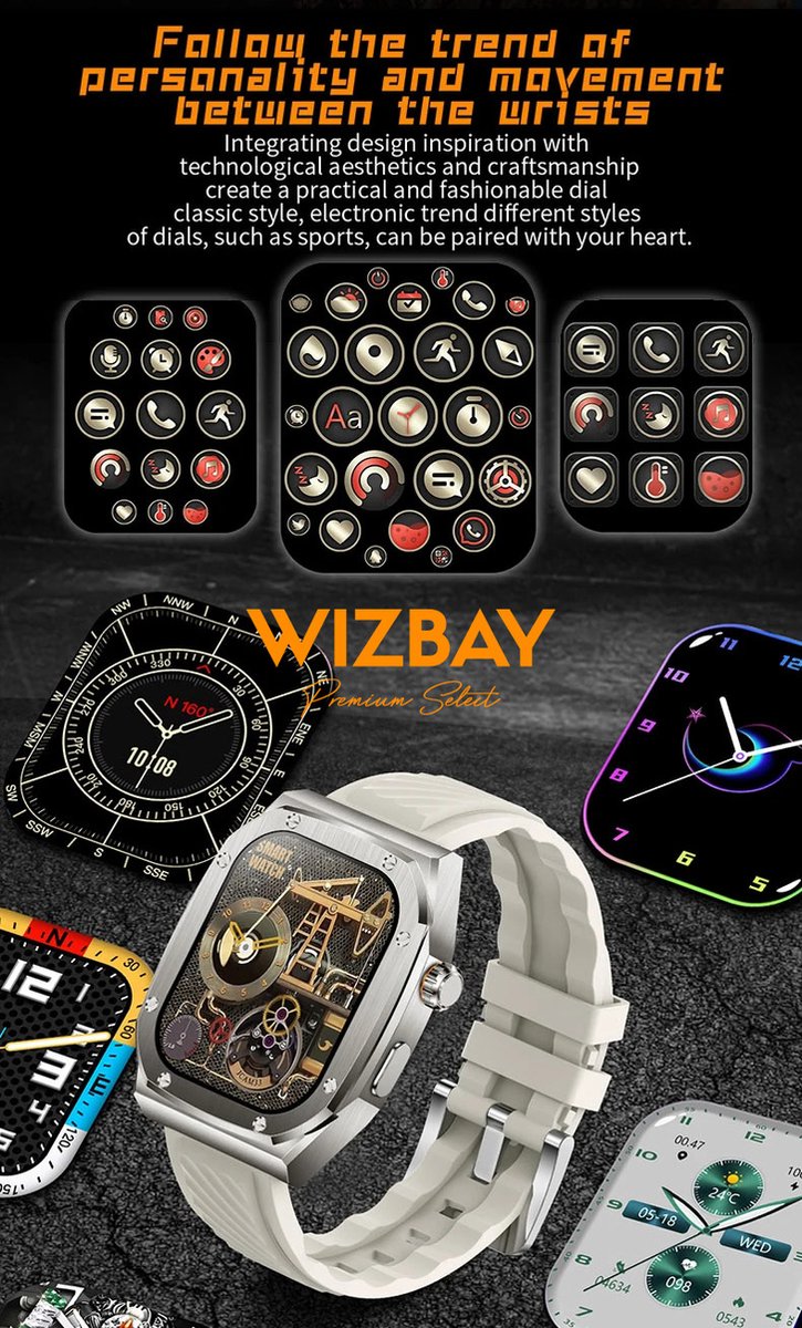 WizBay Premium Select 2.1 inch Smartwatch Zwart RVS Band