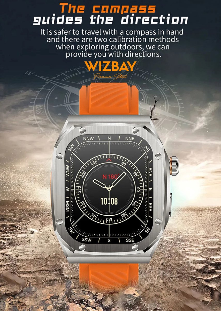WizBay Premium Select 2.1 inch Smartwatch Zwart RVS Band