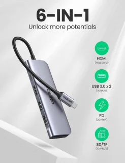 UGREEN 6-in-1 USB C PD-Adapter 6 poorten USB-combi-hub Grijs