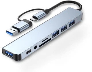 8-in-1 USB C Hub - USB Splitter - 1 x USB 3.0 - 3 x USB 2.0 - 1 x USB-C - 1 x MicroSD en SD-Kaartsleuf - 1 x 3.5mm Jack - Geschikt voor Macbook Pro / Air / Windows / Universeel - Blauw Titanium