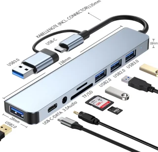 8-in-1 USB C Hub - USB Splitter - 1 x USB 3.0 - 3 x USB 2.0 - 1 x USB-C - 1 x MicroSD en SD-Kaartsleuf - 1 x 3.5mm Jack - Geschikt voor Macbook Pro / Air / Windows / Universeel - Blauw Titanium