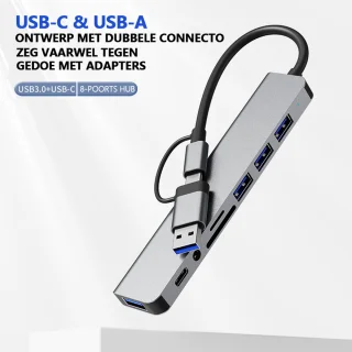 8-in-1 USB C Hub - USB Splitter - 1 x USB 3.0 - 3 x USB 2.0 - 1 x USB-C - 1 x MicroSD en SD-Kaartsleuf - 1 x 3.5mm Jack - Geschikt voor Macbook Pro / Air / Windows / Universeel - Blauw Titanium