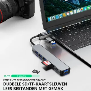 8-in-1 USB C Hub - USB Splitter - 1 x USB 3.0 - 3 x USB 2.0 - 1 x USB-C - 1 x MicroSD en SD-Kaartsleuf - 1 x 3.5mm Jack - Geschikt voor Macbook Pro / Air / Windows / Universeel - Blauw Titanium