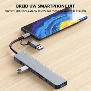 8-in-1 USB C Hub - USB Splitter - 1 x USB 3.0 - 3 x USB 2.0 - 1 x USB-C - 1 x MicroSD en SD-Kaartsleuf - 1 x 3.5mm Jack - Geschikt voor Macbook Pro / Air / Windows / Universeel - Blauw Titanium
