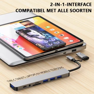 8-in-1 USB C Hub - USB Splitter - 1 x USB 3.0 - 3 x USB 2.0 - 1 x USB-C - 1 x MicroSD en SD-Kaartsleuf - 1 x 3.5mm Jack - Geschikt voor Macbook Pro / Air / Windows / Universeel - Blauw Titanium
