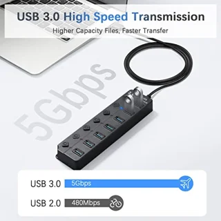 7-in-1 USB Hub met 1 USB 3.0 en 6 USB 2.0 - USB-adapter voor pc met schakelaar en led-display