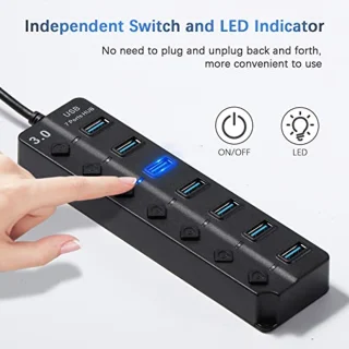 7-in-1 USB Hub met 1 USB 3.0 en 6 USB 2.0 - USB-adapter voor pc met schakelaar en led-display
