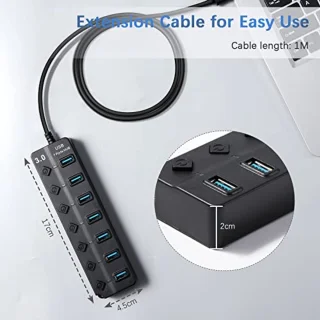 7-in-1 USB Hub met 1 USB 3.0 en 6 USB 2.0 - USB-adapter voor pc met schakelaar en led-display