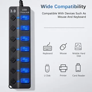 7-in-1 USB Hub met 1 USB 3.0 en 6 USB 2.0 - USB-adapter voor pc met schakelaar en led-display