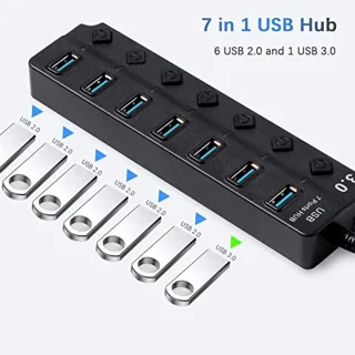 7-in-1 USB Hub met 1 USB 3.0 en 6 USB 2.0 - USB-adapter voor pc met schakelaar en led-display