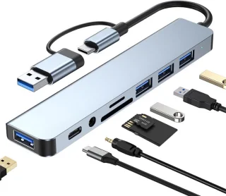 USB C Hub USB Splitter 8 in 1 USB Extender met 4 USB-poorten 1 USB-C-connector TF/SD-kaartlezer 3,5 mm audio-uitgang Geschikt voor MacBook Pro/iPad Pro/iPhone 15/laptop/Galaxy Phone/meer (1 tot 8)