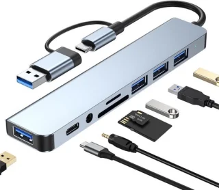 USB C Hub USB Splitter 8 in 1 USB Extender met 4 USB-poorten 1 USB-C-connector TF/SD-kaartlezer 3,5 mm audio-uitgang Geschikt voor MacBook Pro/iPad Pro/iPhone 15/laptop/Galaxy Phone/meer (1 tot 8)