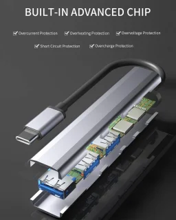 USB C 3.0 Hub, 5-in-1 ultradun dockingstation 65W PD-voeding voor draagbare mini-USB-splitter Datacenter met USB C naar A-adapter Geschikt voor MacBook Pro/Air, iPad Pro, laptops en meer Type-C-apparaten