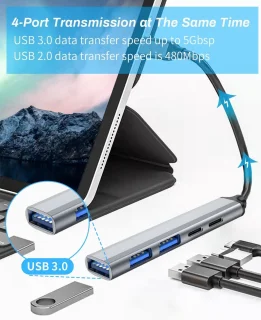 USB C 3.0 Hub, 5-in-1 ultradun dockingstation 65W PD-voeding voor draagbare mini-USB-splitter Datacenter met USB C naar A-adapter Geschikt voor MacBook Pro/Air, iPad Pro, laptops en meer Type-C-apparaten