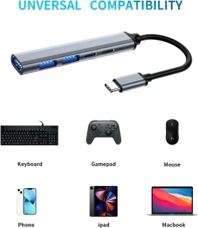 USB C 3.0 Hub, 5-in-1 ultradun dockingstation 65W PD-voeding voor draagbare mini-USB-splitter Datacenter met USB C naar A-adapter Geschikt voor MacBook Pro/Air, iPad Pro, laptops en meer Type-C-apparaten
