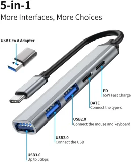USB C 3.0 Hub, 5-in-1 ultradun dockingstation 65W PD-voeding voor draagbare mini-USB-splitter Datacenter met USB C naar A-adapter Geschikt voor MacBook Pro/Air, iPad Pro, laptops en meer Type-C-apparaten