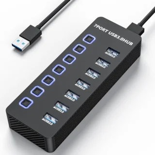USB Hub met 7 Poorten, USB 3.0 Hub Splitter met Individuele Aan/Uit Schakelaars voor Laptop, PC en Meer