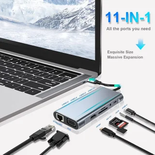 USB C HUB, USB C-adapter 11-in-1 dongle met 4K HDMI, VGA, Type C PD, USB 3.0, RJ45 Ethernet, SD/TF-kaartlezer, 3,5 mm AUX, dockingstation Geschikt voor MacBook Pro/Air, andere Type C-laptops
