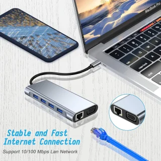 USB C HUB, USB C-adapter 11-in-1 dongle met 4K HDMI, VGA, Type C PD, USB 3.0, RJ45 Ethernet, SD/TF-kaartlezer, 3,5 mm AUX, dockingstation Geschikt voor MacBook Pro/Air, andere Type C-laptops