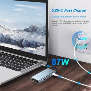 USB C HUB, USB C-adapter 11-in-1 dongle met 4K HDMI, VGA, Type C PD, USB 3.0, RJ45 Ethernet, SD/TF-kaartlezer, 3,5 mm AUX, dockingstation Geschikt voor MacBook Pro/Air, andere Type C-laptops