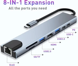 8-in-1 USB C-adapter met HDMI 4K, type C 100 W, USB 3.0, RJ45 Ethernet, SD/TF-kaarten, dockingstation, geschikt voor MacBook Pro/Air en andere apparaten type C