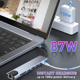 8-in-1 USB C-adapter met HDMI 4K, type C 100 W, USB 3.0, RJ45 Ethernet, SD/TF-kaarten, dockingstation, geschikt voor MacBook Pro/Air en andere apparaten type C