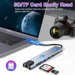 8-in-1 USB C-adapter met HDMI 4K, type C 100 W, USB 3.0, RJ45 Ethernet, SD/TF-kaarten, dockingstation, geschikt voor MacBook Pro/Air en andere apparaten type C