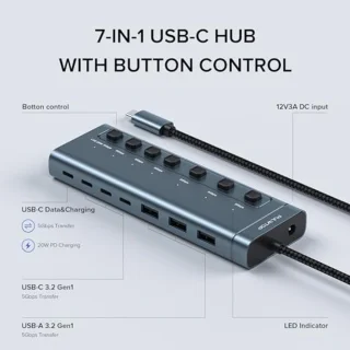 USB C Hub 36W - 7-poorts USB 3.2-hub met A/C datapoorten en individuele aan/uit-schakelaars met PD20W oplader