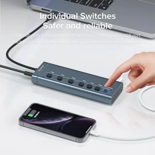 USB C Hub 36W - 7-poorts USB 3.2-hub met A/C datapoorten en individuele aan/uit-schakelaars met PD20W oplader