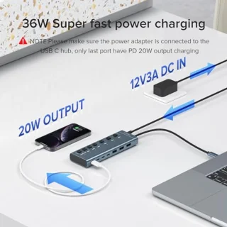 USB C Hub 36W - 7-poorts USB 3.2-hub met A/C datapoorten en individuele aan/uit-schakelaars met PD20W oplader