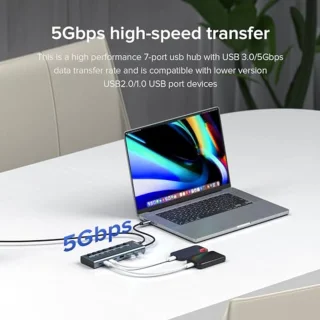 USB C Hub 36W - 7-poorts USB 3.2-hub met A/C datapoorten en individuele aan/uit-schakelaars met PD20W oplader