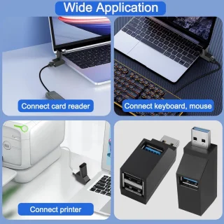 USB-hub met 2 poorten, USB-stekker naar -vrouwtje-verlengadapter, 2 90 graden splitters, 1 USB 3.0- en 2 USB 2.0-poorten, draagbaar, datagestuurd, geschikt voor het aansluiten van mobiele harde schijven, U-schijven, camera's, muizen, enz.