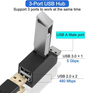 USB-hub met 2 poorten, USB-stekker naar -vrouwtje-verlengadapter, 2 90 graden splitters, 1 USB 3.0- en 2 USB 2.0-poorten, draagbaar, datagestuurd, geschikt voor het aansluiten van mobiele harde schijven, U-schijven, camera's, muizen, enz.