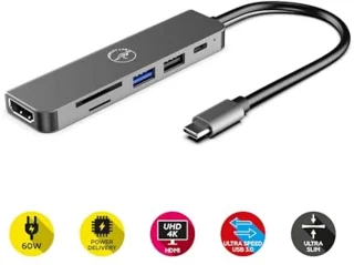 6-in-1 USB-C Adapter Hub met 60W Power Delivery - HDMI 4K, USB 2.0, Supersnelle USB 3.0, SD en Micro SD Kaartlezer