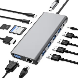 USB C HUB, 12-in-1 USB C-adapterdockingstation met 4K HDMI, VGA, 3 * USB 2.0, USB 3.0, USB C-gegevens, PD3.0, Ethernet RJ45-poort, SD/TF, 3,5 mm AUX, compatibel met meer Type-C-apparaten