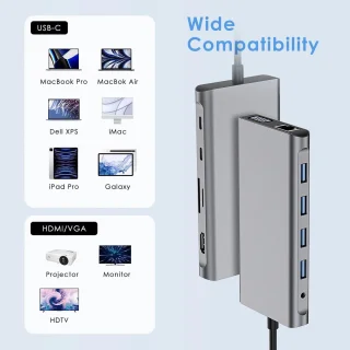 USB C HUB, 12-in-1 USB C-adapterdockingstation met 4K HDMI, VGA, 3 * USB 2.0, USB 3.0, USB C-gegevens, PD3.0, Ethernet RJ45-poort, SD/TF, 3,5 mm AUX, compatibel met meer Type-C-apparaten