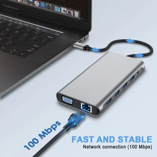 USB C HUB, 12-in-1 USB C-adapterdockingstation met 4K HDMI, VGA, 3 * USB 2.0, USB 3.0, USB C-gegevens, PD3.0, Ethernet RJ45-poort, SD/TF, 3,5 mm AUX, compatibel met meer Type-C-apparaten