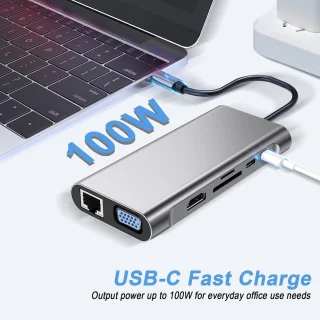 USB C HUB, 12-in-1 USB C-adapterdockingstation met 4K HDMI, VGA, 3 * USB 2.0, USB 3.0, USB C-gegevens, PD3.0, Ethernet RJ45-poort, SD/TF, 3,5 mm AUX, compatibel met meer Type-C-apparaten