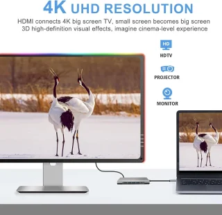 USB C HUB, 12-in-1 USB C-adapterdockingstation met 4K HDMI, VGA, 3 * USB 2.0, USB 3.0, USB C-gegevens, PD3.0, Ethernet RJ45-poort, SD/TF, 3,5 mm AUX, compatibel met meer Type-C-apparaten